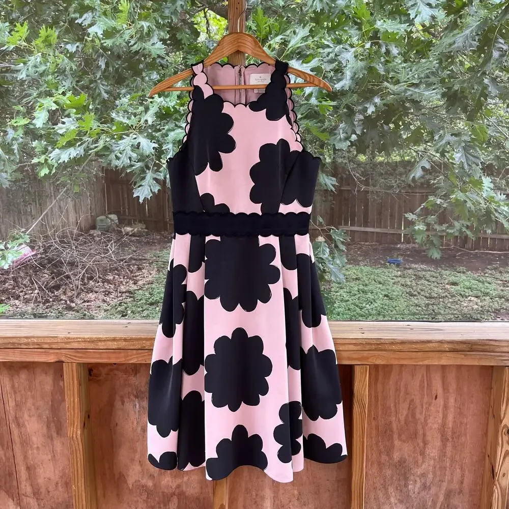 Kate Spade New York Women's Pink & Black Petal Stamp Fit & Flare Dress Size 6